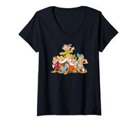 Femme Disney Snow White & the Seven Dwarfs Group Fun T-Shirt avec Col en V, Noir, S
