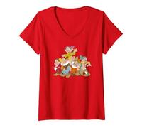 Femme Disney Snow White & the Seven Dwarfs Group Fun T-Shirt avec Col en V, Rouge, S