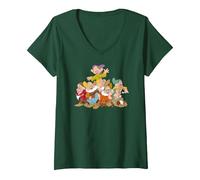 Femme Disney Snow White & the Seven Dwarfs Group Fun T-Shirt avec Col en V, Vert Forêt, S