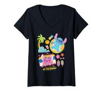 Femme Disney Stitch & Angel Life's Better by the Beach Summer Trip T-Shirt avec Col en V