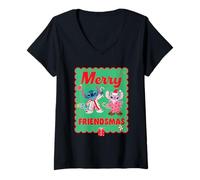 Femme Disney Stitch & Angel Merry Friendsmas Christmas Friends T-Shirt avec Col en V