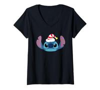 Femme Disney Stitch Christmas Santa's Elf Hat Holiday Big Face T-Shirt avec Col en V