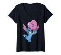 Femme Disney Stitch Funny Valentine's Day "Buy Me Pizza" Heart T-Shirt avec Col en V