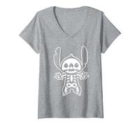 Femme Disney Stitch Halloween Squelette T-Shirt avec Col en V, Gris Chiné, XXL