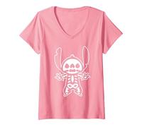 Femme Disney Stitch Halloween Squelette T-Shirt avec Col en V, Rose, S
