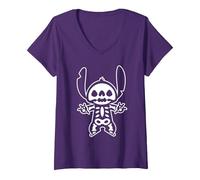 Femme Disney Stitch Halloween Squelette T-Shirt avec Col en V, Violet, S