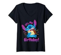 Femme Disney Stitch "It's My Birthday" Party Crasher with Cake T-Shirt avec Col en V