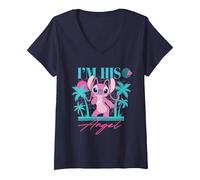 Femme Disney Stitch Retro ’90s Couples Matching I’m His Angel T-Shirt avec Col en V, Bleu Marine, M