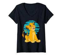 Femme Disney The Lion King Young Simba Happy Blue Retro T-Shirt avec Col en V