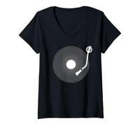 Femme Disque Vinyle Fun, Vinyl rétro Design, Platine DJ, Pop T-Shirt avec Col en V