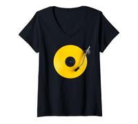 Femme Disque Vinyle Jaune, Vinyl rétro Design, Platine DJ, Pop T-Shirt avec Col en V