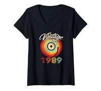 Femme Disque Vinyle rétro pour Anniversaire 1989 T-Shirt avec Col en V