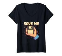 Femme Disquette Amusante Save Me rétro années 90 Pixel Art Tech Humour T-Shirt avec Col en V
