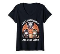 Femme Distrait by Cats and Side Quests Cat Kight Dragon Girl Boy T-Shirt avec Col en V
