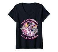 Femme Distrait by Cats and Side Quests Cat Unicorn Princess RPG T-Shirt avec Col en V