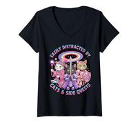 Femme Distrait by Cats and Side Quests Cute Hero Cat Gamer Girl T-Shirt avec Col en V
