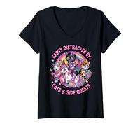 Femme Distrait by Cats and Side Quests Cute Hero Cat Gamer Girls T-Shirt avec Col en V
