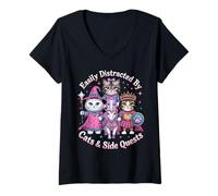 Femme Distrait par Les Chats et Les quêtes Secondaires - Adorable Chat Licorne Princesse T-Shirt avec Col en V