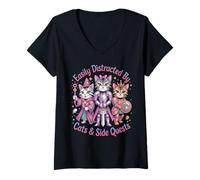 Femme Distrait par Les Chats et Les quêtes Secondaires Gamer Cat Heros T-Shirt avec Col en V