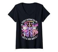Femme Distrait par Les Chats et Les quêtes Secondaires Mignons héros Chats G illes T-Shirt avec Col en V