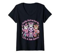 Femme Distrait par Les Chats et Les quêtes Secondaires pour Fille T-Shirt avec Col en V