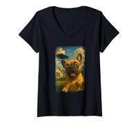 Femme Distressed French Bulldog UFO Selfie with Invasion Alien T-Shirt avec Col en V