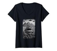 Femme Distressed Frog Selfie at Pyramids Funny Vintage UFO Saying T-Shirt avec Col en V