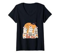 Femme Dites Bonjour à la Grippe : de Jolis fantômes d'halloween, infirmières T-Shirt avec Col en V