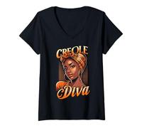 Femme Diva Créole de Sainte-Lucie Jounen Kweyol, Madras Femme T-Shirt avec Col en V