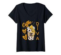 Femme Diva Roses and Love, Tigre Léopard Animal Café Cœurs Cadeau T-Shirt avec Col en V