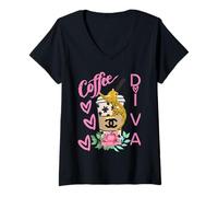 Femme Diva Roses and Love, Tigre Léopard Animal Café Cœurs Cadeau T-Shirt avec Col en V