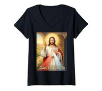 Femme Divine Mercy Image Jesus I Trust in You Prière catholique T-Shirt avec Col en V