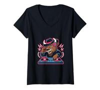Femme DJ Animal Écoute Musique Sauvage Création T-Shirt avec Col en V