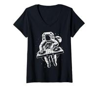 Femme DJ Astronaute, Infini et au-delà, Musique, Design Blanc, Fun T-Shirt avec Col en V