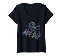 Femme DJ Cat EDM Techno House Music Funny Cat Lover T-Shirt avec Col en V