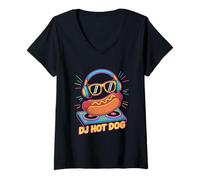 Femme Dj Food Festif Avec Hot Dog Et Platines T-Shirt avec Col en V