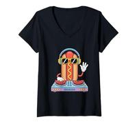 Femme Dj Food Hot-Dog Avec Lunettes Et Casque Musique T-Shirt avec Col en V