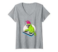Femme DJ Parrot Retro 80s Music Platine Vinyle T-Shirt avec Col en V