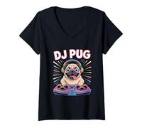 Femme Dj Pug Avec Casque Écouteurs Style Musique T-Shirt avec Col en V