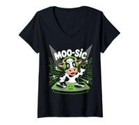 Femme Dj Vache Moo-Sic Casque Mixage T-Shirt avec Col en V