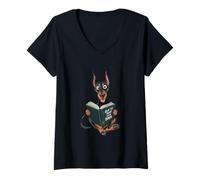 Femme Doberman lit comment former votre dessin animé drôle humain T-Shirt avec Col en V