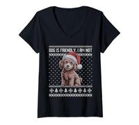 Femme Dog is Friendly I am Not Brown Poodle Pull Moche Noël T-Shirt avec Col en V