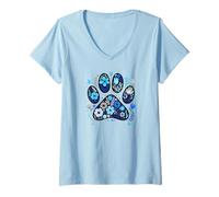 Femme Dog Lover Dog Paw Print Floral Dog Mom Blue Flower Dog Theme T-Shirt avec Col en V