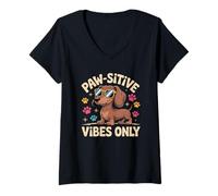 Femme Dog Lover Paw-sitive Vibes Only Cool Teckel T-Shirt avec Col en V