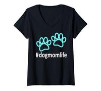 Femme Dog Mom Life Paws Graphique pour Amoureux des Animaux de Compagnie Bleu Sarcelle et Blanc T-Shirt avec Col en V