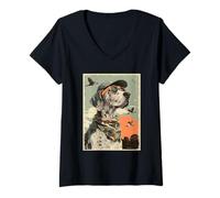 Femme Dogue Allemand avec Lunettes de Soleil Canard Chasse Chien Chasseur Coucher de Soleil T-Shirt avec Col en V