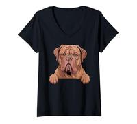 Femme Dogue de Bordeaux Drôle de Poche Chien Mastiff Français T-Shirt avec Col en V