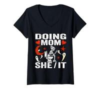 Femme Doing Mom She/it Costume de Squelette Amusant pour Femme T-Shirt avec Col en V