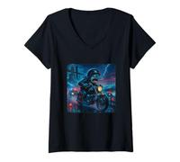 Femme Dolphin Cyberpunk Rider Moto Biker Synthwave T-Shirt avec Col en V