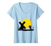 Femme Don Quichotte Versus Molino au Coucher du Soleil T-Shirt avec Col en V